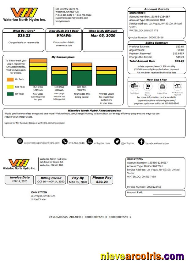 USA Nevada Waterloo North Hydro utility bill version 2